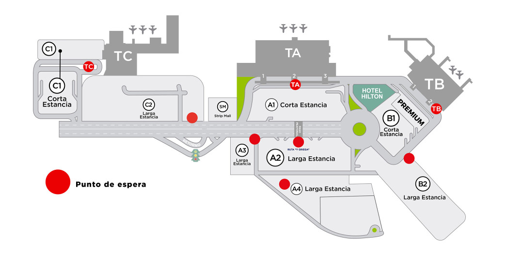 Mapa del aeropuerto con las cabinas de espera y los puntos de abordaje en las terminales TA, TB y TC